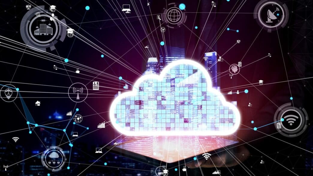 Conceptual image of a cloud with data streams and futuristic technology, representing cloud computing and data storage.
