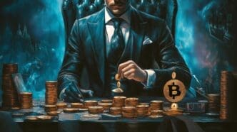 A businessman in a suit confidently manages cryptocurrency in a modern office filled with digital assets at dusk.
