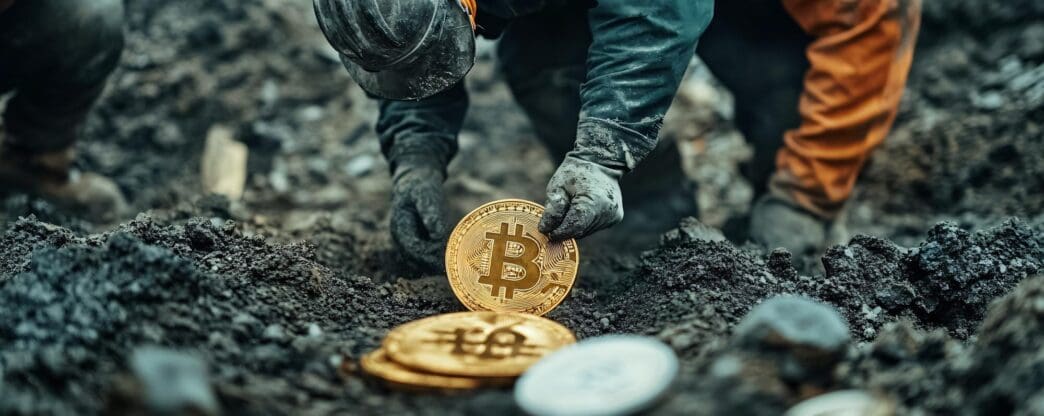 Construction worker placing a physical bitcoin into a buried pile of currency.