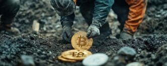 Construction worker placing a physical bitcoin into a buried pile of currency.