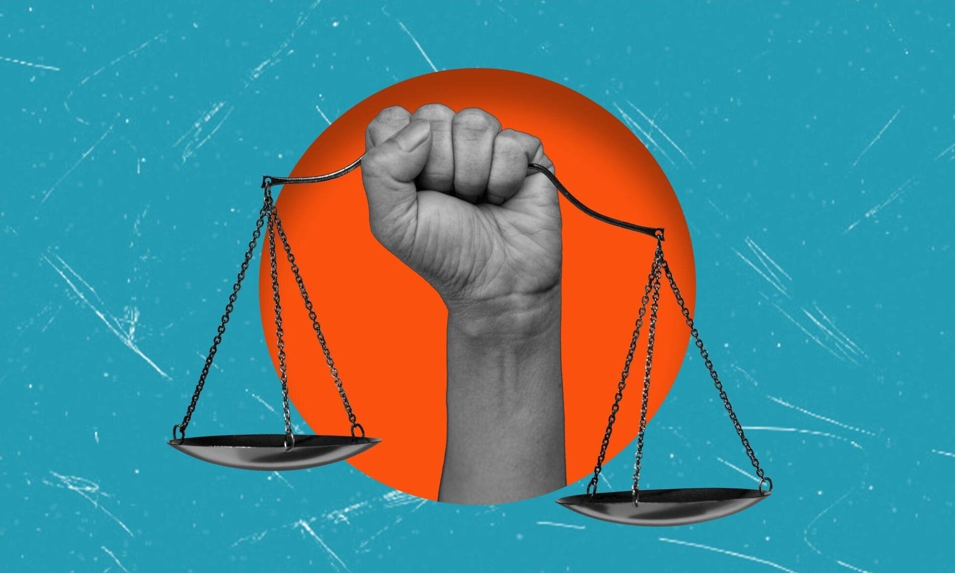 A contemporary art collage features a pair of hands holding scales.