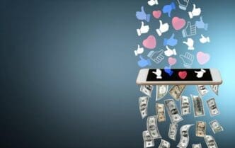 A smartphone displays a graphic showing likes turning into dollar bills.