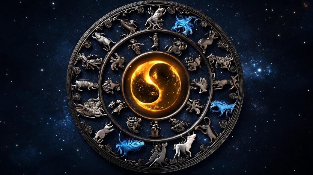 A stylized illustration depicts a zodiac animal in a cosmic setting with stars and nebulae.