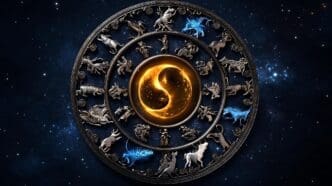 A stylized illustration depicts a zodiac animal in a cosmic setting with stars and nebulae.