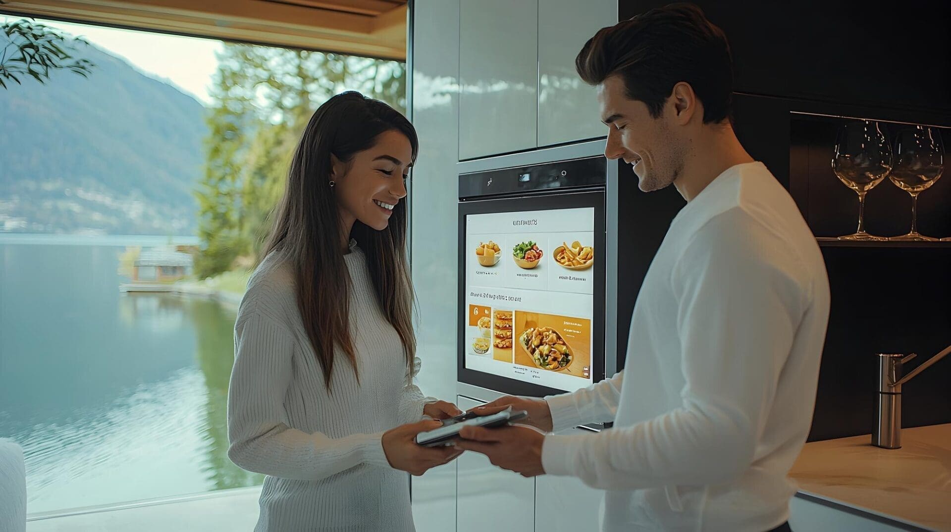 A couple smiles while cooking together in a warm kitchen with a picturesque mountain lake visible through the window.