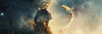 Double exposure depicts a celestial scene with a crescent moon, stars, and a superimposed image, possibly suggesting spirituality or religious belief.