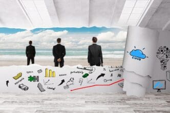 A lightbulb-shaped brain is depicted with gears and other business-related icons inside.