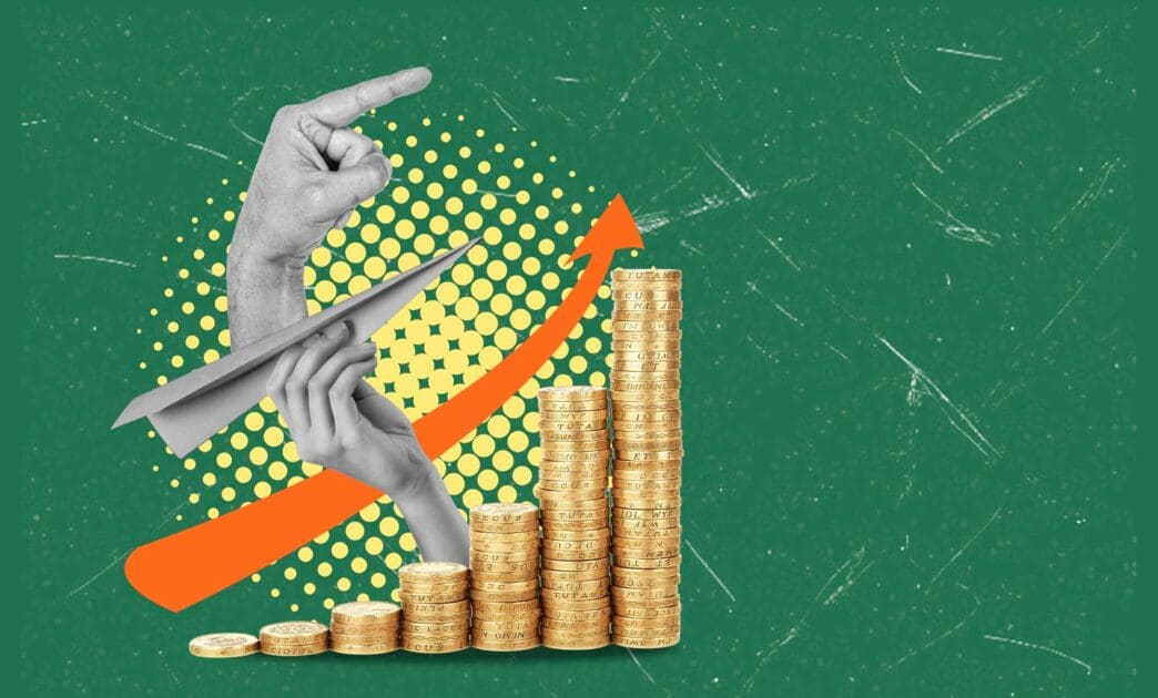 Ascending coins and a stylized airplane represent financial growth and upward investment trends.