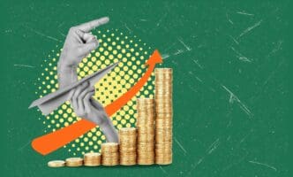 Ascending coins and a stylized airplane represent financial growth and upward investment trends.