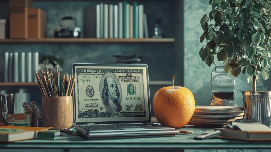 Laptop displaying a financial concept, with a hundred-dollar bill visible on the screen, situated in a creative workspace.