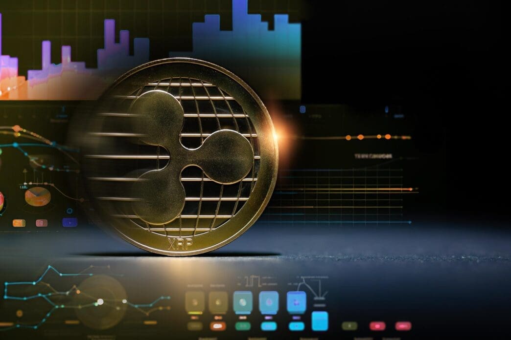 A graphic depicts various technology-related icons, such as a computer chip, overlaid with cryptocurrency symbols.
