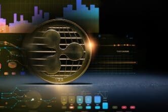 A graphic depicts various technology-related icons, such as a computer chip, overlaid with cryptocurrency symbols.
