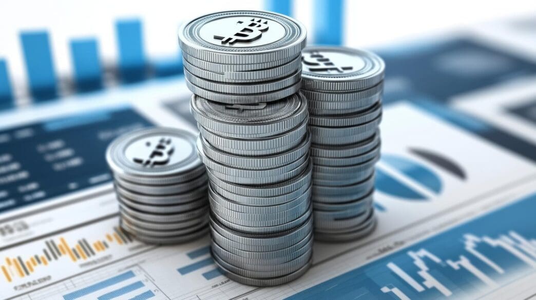 Pile of cryptocurrency coins, including Bitcoin and Ethereum, stacked on financial charts.