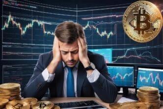 Collage of a stressed trader looking at a screen with a Bitcoin graph representing a cryptocurrency collapse.