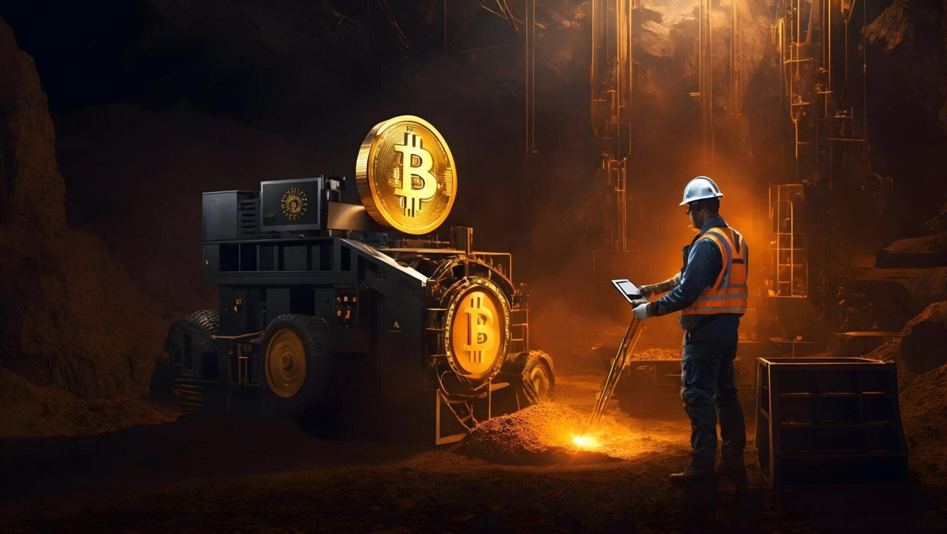 A graphic depicts a Bitcoin logo with computer chips and electrical circuits, representing cryptocurrency mining.