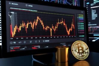 A screen displays a visually appealing illustration of cryptocurrency prices generated by artificial intelligence.