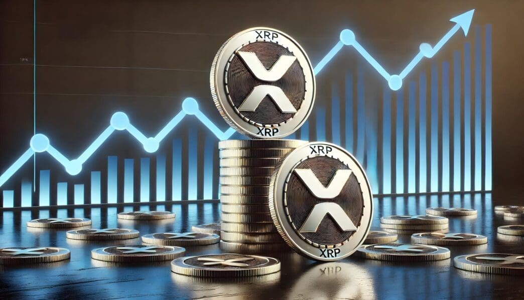 Illustration of a cryptocurrency symbol with a rising blue line, representing a price increase.