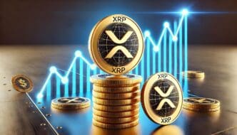 Illustration of a cryptocurrency logo with a rising blue line graph in the background, suggesting increasing value.