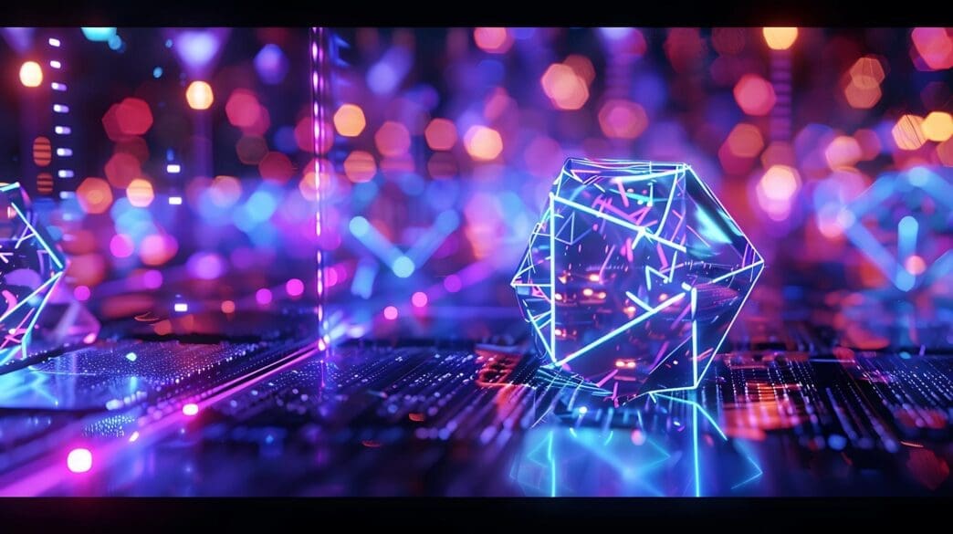A cube is centered against a background of blue and pink, illuminated by blue and purple light.