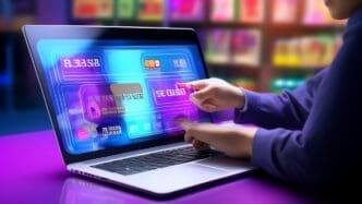 Person holding a credit card with a holographic graphic interface, pointing at a laptop, likely during a client consultation.