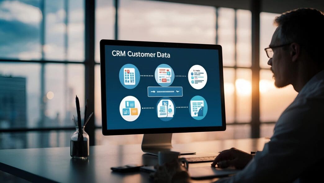 A customizable CRM dashboard interface with a customer data icon and blank space for branding.