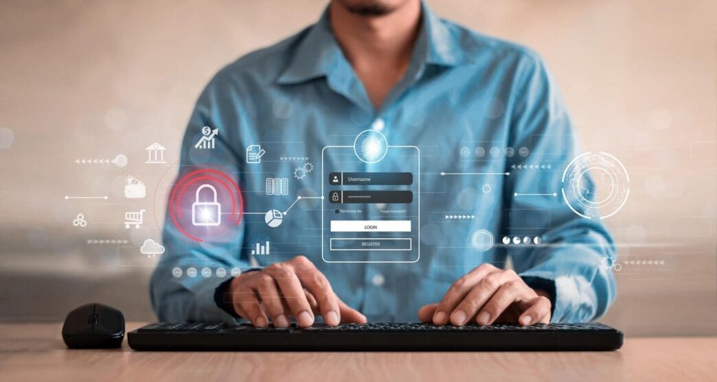 A padlock icon secures a login form with fields for user identification, representing cybersecurity and secure access.