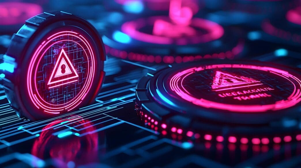 Neon signs displaying cyber security warnings.