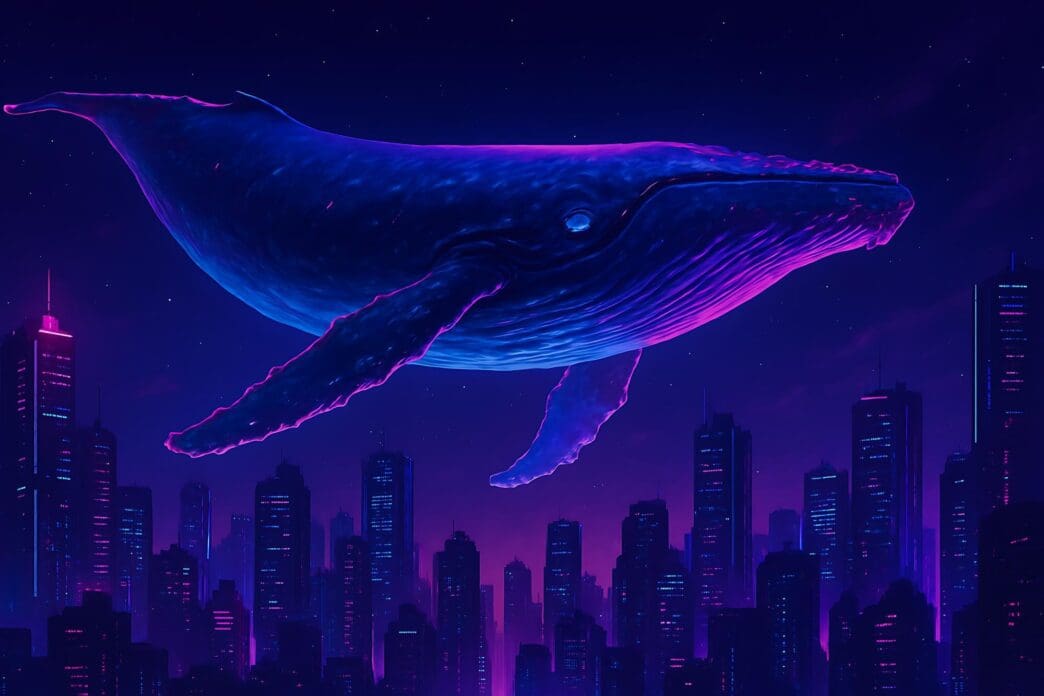 A giant whale flies over a futuristic city with neon lights.