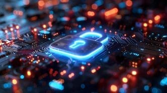 A blue, glowing lock icon overlaid on a circuit board represents cybersecurity.