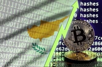 The Cyprus flag and a rising green arrow are displayed on a bitcoin mining screen, with two physical golden bitcoins in the foreground.