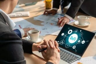 A modern computer screen displays the concept of decentralized finance, or DeFi.