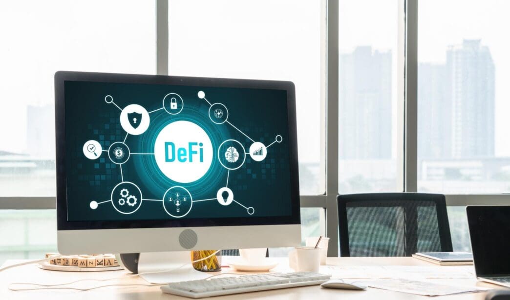 A computer screen displays the concept of decentralized finance, or DeFi.
