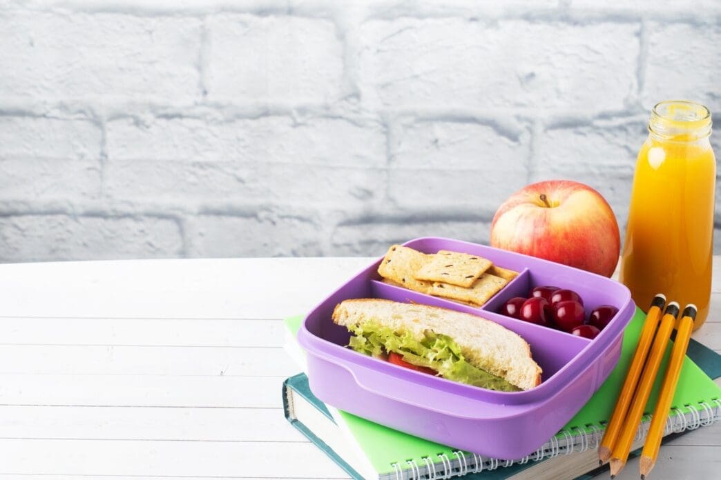 A healthy lunch box contains a sandwich, cookies, cherries, a bottle of juice, and an apple.