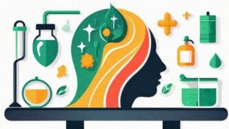 A person sits cross-legged on a yoga mat, meditating with eyes closed and hands in a prayer position.