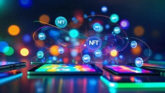 Multiple screens displaying vibrant digital art and NFT technology in a creative workspace.