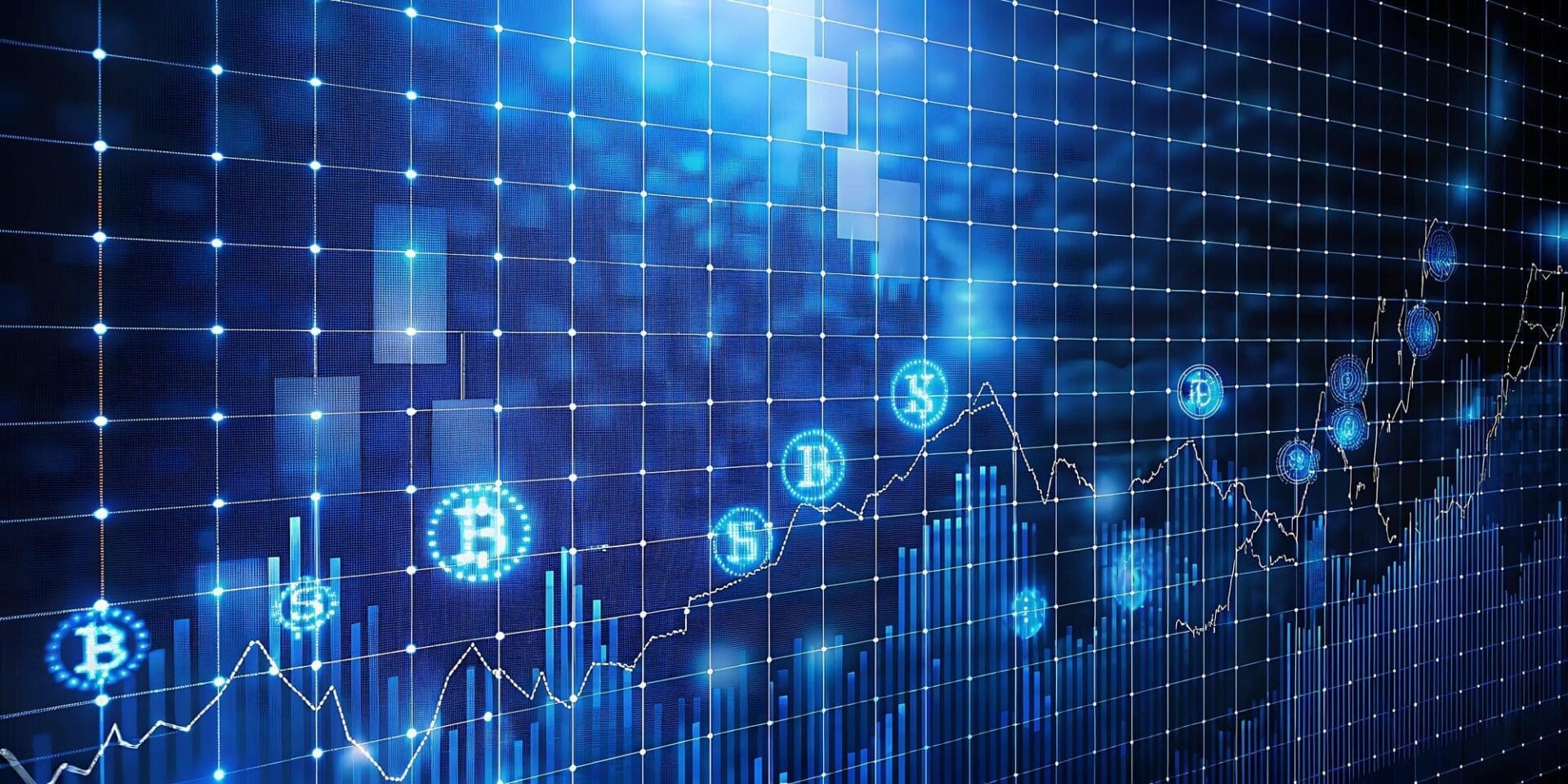 Financial graphs and candlestick charts on a futuristic blue background illustrate cryptocurrency market analysis, including Bitcoin, Ethereum, and other coin trends.