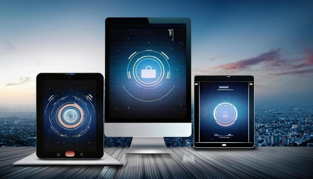 A close-up of various digital devices, such as a phone and tablet, displaying content on their screens.