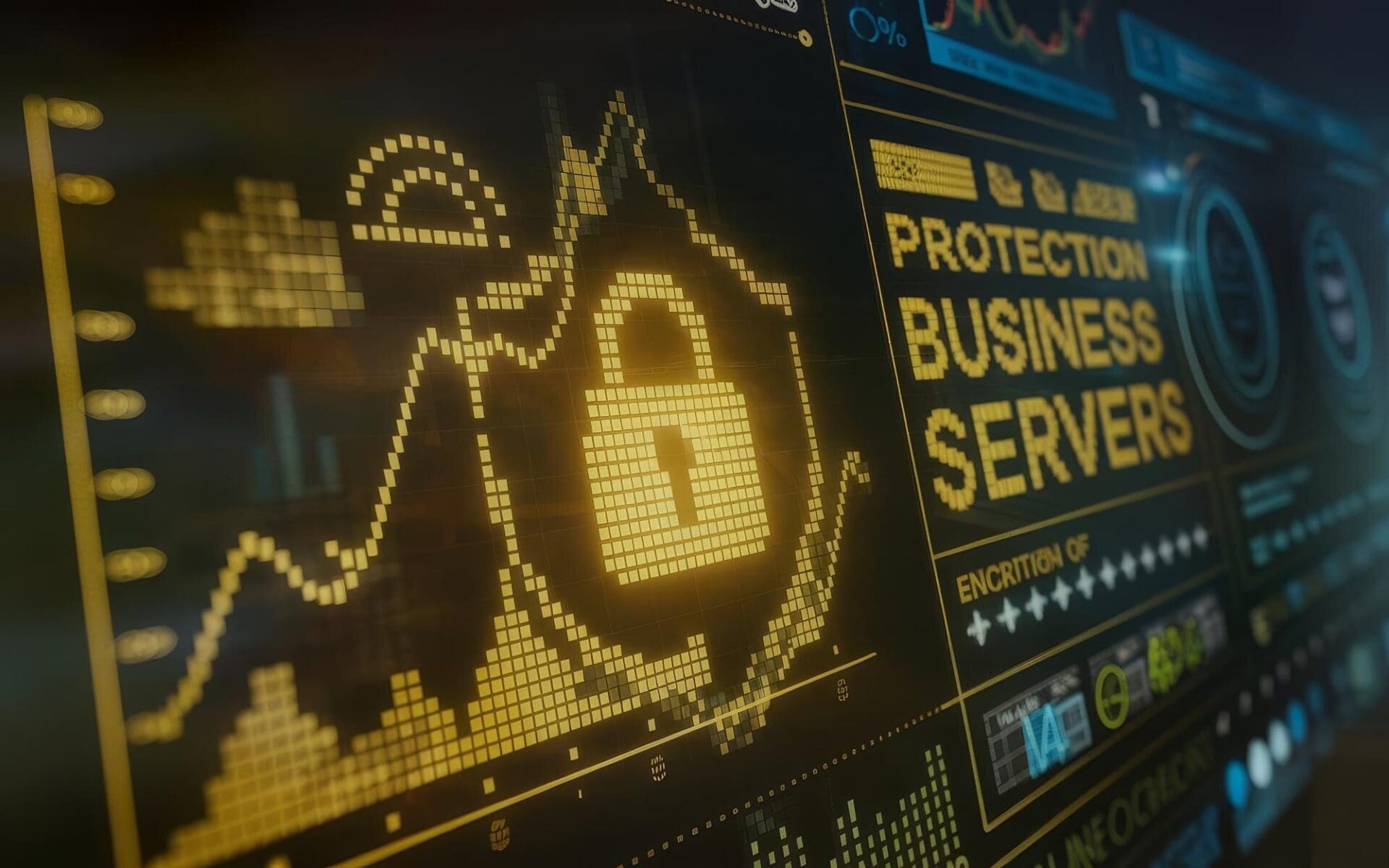 Digital interface displaying server protection metrics, including graphs and data visualizations.