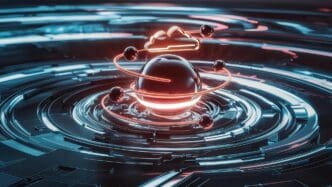 Abstract illustration of interconnected digital elements representing cloud computing and information transfer.