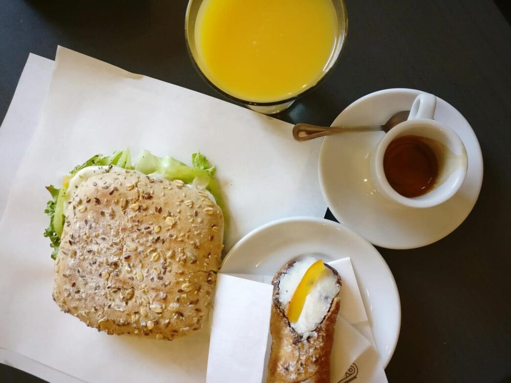 Overhead view of a breakfast spread on a table.