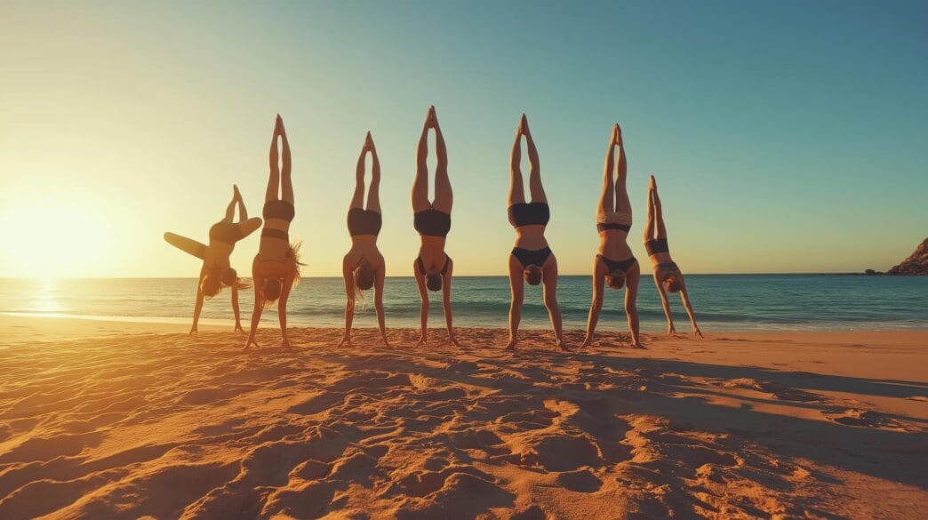 A diverse group of people practice yoga and mindfulness in a serene studio.