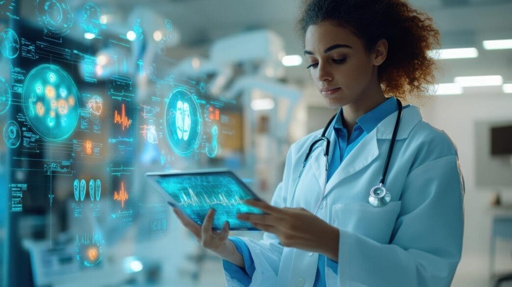 A person wearing a doctor's coat interacts with a digital interface.