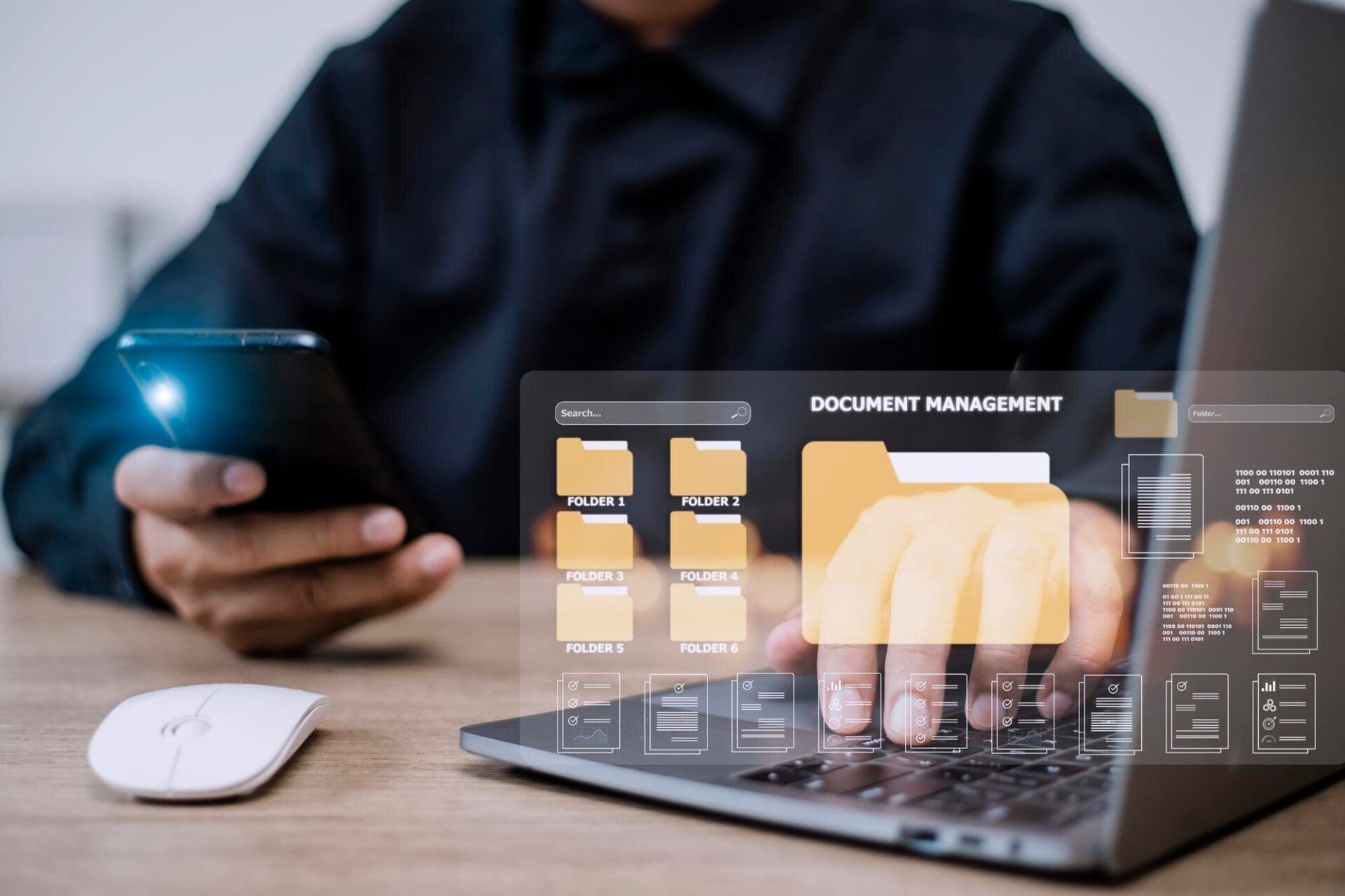 A virtual screen displays icons representing a document management system for efficient archiving, searching, and management of company files and data.