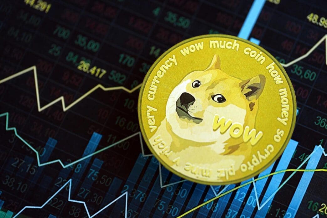 A blue trading chart depicts the Doge meme coin represented by abstract candlesticks.