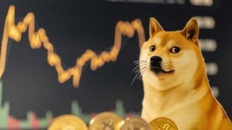 A Dogecoin token is in the foreground with a fluctuating market price chart in the background.