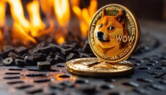 Close-up of a gold Dogecoin cryptocurrency with fire flames and the Shiba Inu dog's face.