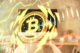 Double exposure combining a drawing of cryptocurrency technology with an office interior.