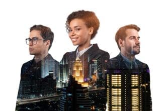 Double exposure of three business people superimposed over a nighttime view of Kuala Lumpur, symbolizing hard work and modern life.