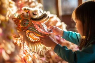 A colorful dragon dances joyfully during a Chinese New Year celebration.