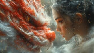 A woman with long flowing hair and a dragon with intricate scales gaze at each other in a fantastical, dreamlike setting.